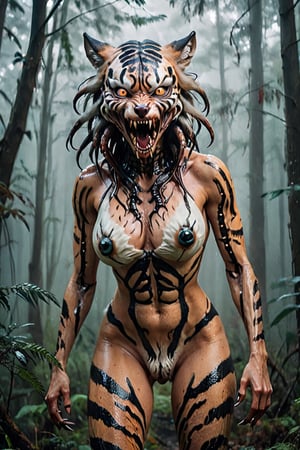 Realistic photography cinematic still A women mixed tiger wolf hybrid like six legged alien predator creature, tentacles, lots of eyes, fearsome, long sharp teeth, after you in the forest, fog,Tiger ,p3rfect boobs,aesthetic portrait