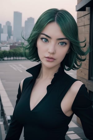 Realistic photography cinematic still absurdres, highres, ultra detailed, , tatsumaki, curly hair, green hair, black dress, long sleeves, upper body, loooking at viewer, city perfect body 