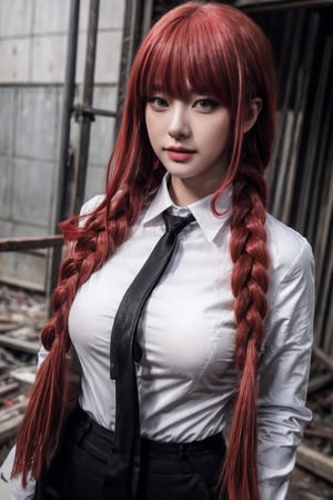 Create a realistic portrait, photography Face and waist, woman, long red hair, bangs one braid in the back, wearing a large, long black suit, woman on the outside wearing a long-sleeved white shirt on the inside, black tie, black pants. long,,,In an abandoned school, buildings destroyed,, blur background 