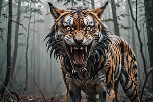 Realistic photography cinematic still A women mixed tiger wolf hybrid like six legged alien predator creature, tentacles, lots of eyes, fearsome, long sharp teeth, after you in the forest, fog,Tiger ,p3rfect boobs,aesthetic portrait