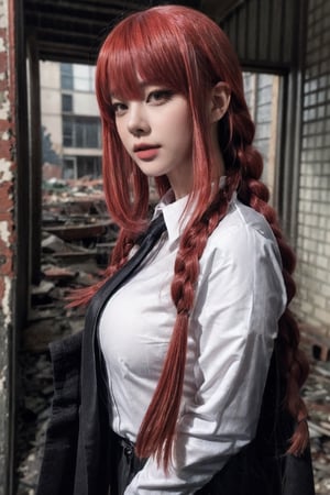 Create a realistic portrait, photography ,woman, long red hair, bangs one braid in the back, wearing a large, long black suit, woman on the outside wearing a long-sleeved white shirt on the inside, black tie, black pants. long,,,In an abandoned school, buildings destroyed,, blur background , nsfw,