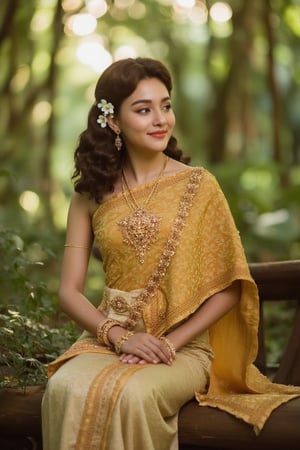 A serene and captivating portrait of a Thai girl. The subject sits elegantly amidst a lush forest, adorned in a golden traditional Thai dress, her curly brown locks framing her radiant face. Her smile, though closed-mouthed, still conveys warmth as subtle dimples appear on her cheeks. Delicate flowers adorn her hair, adding a touch of whimsy to the composition. The warm sunlight filters through the trees, casting gentle rays that illuminate her features and the intricate details of her dress.