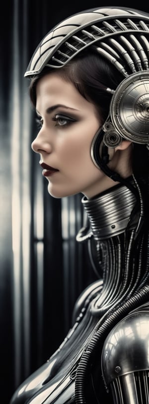 Portrait photo of a beautiful female cyborg from 1920 early photography by Giger in style of midjourney
