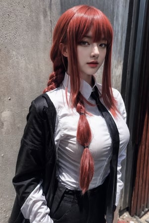 Create a realistic portrait, photography Face and waist, woman, long red hair, bangs one braid in the back, wearing a large, long black suit, woman on the outside wearing a long-sleeved white shirt on the inside, black tie, black pants. long,,,In an abandoned school, buildings destroyed,,