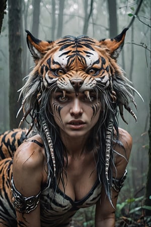 Realistic photography cinematic still A women mixed tiger wolf hybrid like six legged alien predator creature, tentacles, lots of eyes, fearsome, long sharp teeth, after you in the forest, fog,Tiger ,p3rfect boobs,aesthetic portrait