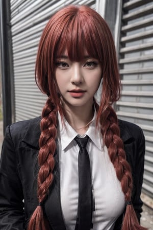 Create a realistic portrait, photography Face and waist, woman, long red hair, bangs one braid in the back, wearing a large, long black suit, woman on the outside wearing a long-sleeved white shirt on the inside, black tie, black pants. long,,,In an abandoned school, buildings destroyed,, blur background 