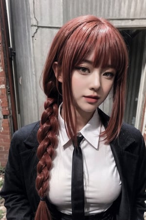 Create a realistic portrait, photography Face and waist, woman, long red hair, bangs one braid in the back, wearing a large, long black suit, woman on the outside wearing a long-sleeved white shirt on the inside, black tie, black pants. long,,,In an abandoned school, buildings destroyed,,