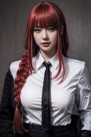 Create a realistic portrait, photography Face and waist, woman, long red hair, bangs one braid in the back, wearing a large, long black suit, woman on the outside wearing a long-sleeved white shirt on the inside, black tie, black pants. long,