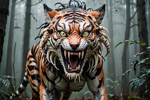 Realistic photography cinematic still A women mixed tiger wolf hybrid like six legged alien predator creature, tentacles, lots of eyes, fearsome, long sharp teeth, after you in the forest, fog,Tiger ,p3rfect boobs,aesthetic portrait