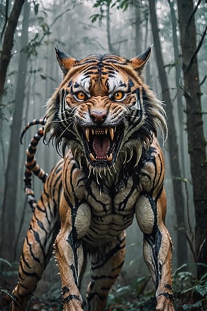 Realistic photography cinematic still A women mixed tiger wolf hybrid like six legged alien predator creature, tentacles, lots of eyes, fearsome, long sharp teeth, after you in the forest, fog,Tiger ,p3rfect boobs,aesthetic portrait