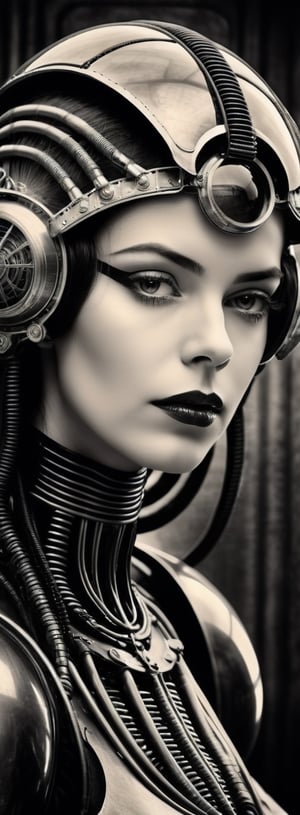 Portrait photo of a beautiful female cyborg from 1920 early photography by Giger in style of midjourney