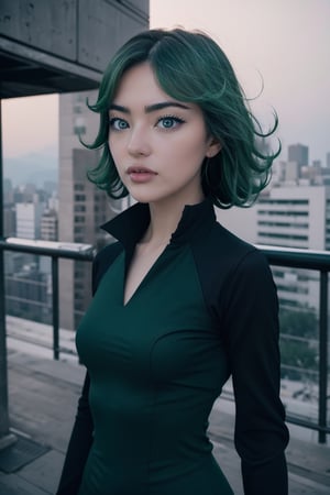 Realistic photography cinematic still absurdres, highres, ultra detailed, , tatsumaki, curly hair, green hair, black dress, long sleeves, upper body, loooking at viewer, city perfect body 
