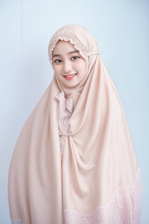 (mukena), 1 girl, 25 year, smile, using a PRAYER HIJAB frilly, white background, real_life, from_behind_view