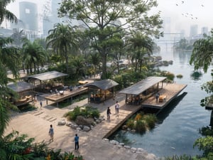 Modern Landscape,City Park,Lake,Plank road,Activity venue,Rows of trees,Variety of plants,Aquatic plants and birds,natural,Morning light,fog,The outline of the city in the distance,,modernism,Square,Steps,Seat,Post Station Building,Tropical Plants,natural,True style.,Wooden,Stone,Botanical Garden,City Park,photorealistic