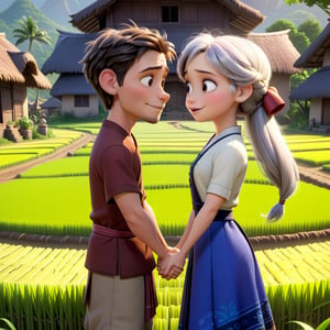 Generate a 3D cartoon image of a serene village in Java, Indonesia. Show green rice fields, traditional houses with thatched roofs, and villagers in traditional clothing. Focus on a couple standing together, the husband with light grey hair, clean no beard, and the wife with black pony tales hair style, holding hands, and looking towards the sky with hopeful expressions as they pray for a child. Render this in a style inspired by "Disney Pixar, Ratatouille" style with detailed textures, vibrant colors, and expressive features. Ensure the image is in contrast, glossy, 4K resolution for high-quality detail,disney pixar style