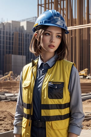 (masterpiece, best quality, CGI, official art:1.2), (innovative urban engineer:1.3), (short, stylish brown hair:1.1), piercing green eyes, focused expression, wearing (hard hat and vest:1.2) and holding (blueprints:1.4), standing amidst a (construction site:1.2) with (cranes and excavators:1.2) and (building frameworks:1.2), industrial atmosphere, intense emotion, creative tone, high intensity, inspired by modern engineering, metropolitan aesthetic, warm color palette with (rich yellow accents:1.1), dynamic mood, bright daylight lighting, diagonal shot, looking up in vision, surrounded by (construction noise:1.2) and (moving machinery:1.1), focal point on the engineer's face, highly realistic fabric texture, atmospheric mist effect, high image complexity, detailed environment, subtle movement of blueprints, confident pose.