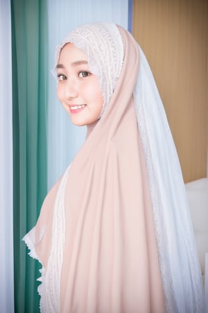 (mukena), 1 girl, 25 year, smile, using a PRAYER HIJAB frilly, white background, real_life, from_behind_view