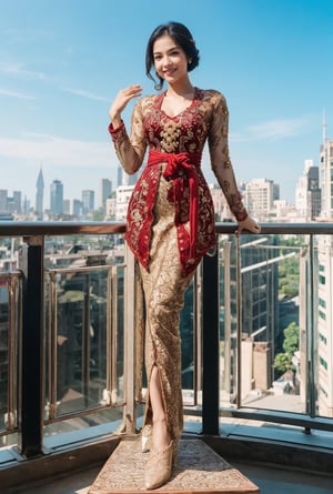 1girl, goddess princess, blue eyes ,smiling,wearing kebaya. Luxurious, red and gold bordir dress . Standing on a platform high above the bustling cityscape, she creates a random pose.  a world where technology and nature coexist in harmony,perfect hands,perdect fingers,perfect legs ,kebay4,gigantic breast,