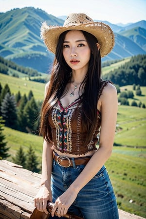 masterpiece, best quality, photorealistic, 8k raw photo, 1girl, long hair, cowboy outfit, cowgirl, slim body, holding guns, on top of the mountains, detailed background, ultra detailed, wide shot, from above, dslr