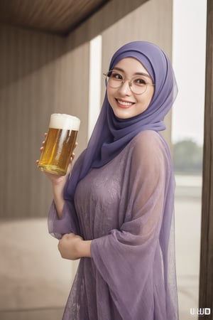 20 years old,old face,dynamic pose,photorealistic,at the top of the skyscraper,holding a beer,hijab pashmina,cute face,beauty face,realistic skin,legs,dynamic ,pose.sexy smile,sshape body,detailed face,sub surface scattering,(masterpiece, best quality), (detailed skin:1.3),(detailed eyes), (sharp focus),(Best quality, 8k, 32k, Masterpiece, UHD:1.2),(masterpiece:1.2), (photorealistic:1.2), (best quality),((realistic:1.3)), (detailed skin:1.3), (intricate details), dramatic, ray tracing,finely detailed, quality,realistic lighting,
smile,round eyeglasses,muslim clothes,closed clothes,muslim