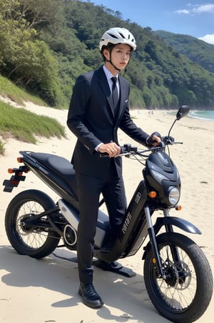 a man with black suit, standing, refueling electric motorcycles, at the beach,professional 