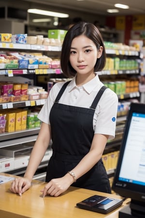 woman short hair,as cashier,cashier uniform,pov,at minimarket,working as cashier