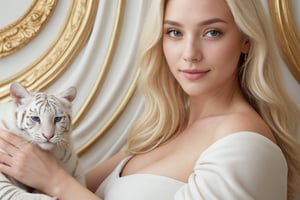 Realistic photograph of a young princess woman sitting on a white marble throne, very blonde almost white hair, very light blue eyes, very light skin, at her side a white tiger and in her lap a white tiger cub, white background wall with white columns and curtains, many white flowers, white, cute face, smirk, abs, long hair, Mesmerizing, depth of field, ( gorgeous:1.2), detailed face,  detailed nose,  soothing tones,  (natural skin texture, hyperrealism, soft light, sharp), ((very detailed eyes)), pores in the skin, (acne:0.3),  Cannon EOS 5D Mark III, 85mm, Perfect Hands, p3rfect boobs, cleavage, more detail XL, SKP Perfect Eyes XL,AlissaWhiteGluzQuiron woman,photorealistic,Masterpiece