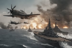(((RAW photo))), (((Realistic photograph))), Epic battle of the (((Second World War))) in which a super battleship is being attacked by fighter planes, in the foreground a planerealistic