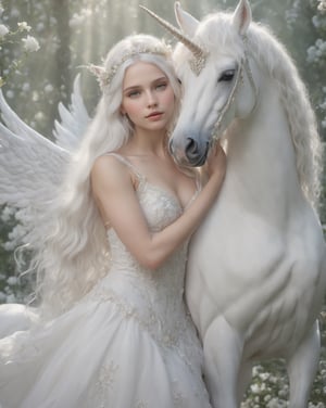 Realistic photograph of a fairy dressed in white with light skin, (((hugging the neck of a white unicorn))), the fairy has transparent wings, white hair, white nature, many white flowers, (((Realistic photograph))), cute face, smirk, long hair, Mesmerizing, depth of field, ( gorgeous:1.2), detailed face,  detailed nose,  soothing tones,  (natural skin texture, hyperrealism, soft light, sharp), ((very detailed eyes)), pores in the skin, (acne:0.3),  Cannon EOS 5D Mark III, 85mm, extremely Realistic, (((Perfect Hands))), real hands, photo of perfect eyes, Masterpiece, REALISTIC, photorealistic, HD, 8K, more detail XL,glitter,p3rfect boobs, realhands, (((medium shot))), white,photorealistic,REALISTIC,Masterpiece,more detail XL,cleavage, 