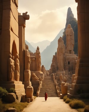 ((Photo RAW))), An expeditionary walking through a valley whith Sculptures carved on mountain slopes and temples, warm colors, very detailed, very realistic, photographic,Enhance,realistic,photorealistic,dark,more detail XL,hillscastel,chiaroscuro,low-key