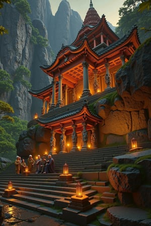 A majestic, photorealistic temple stands atop a rugged cliff, its circular structure seamlessly carved into the mountainside. Delicate columns adorn the exterior, intricately featuring human figures in various poses and expressions. Wise elders gather at the entrance, deep in contemplative discussion, their faces aglow with candlelight amidst the serene, ancestral atmosphere