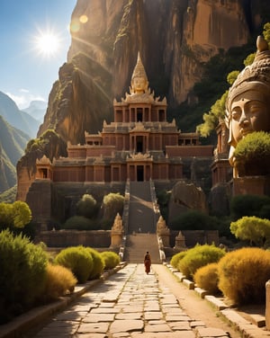 Expeditionary figure treks through a sun-drenched valley, flanked by majestic mountain slopes adorned with intricate sculptures. Warm, earthy tones dominate the landscape, punctuated by the rich hues of ancient temples. The air is thick with detail and realism, as if ripped from a photographic negative. Enhance the textures and depth, amplifying the photorealistic quality to an immersive degree. Dark, rugged hills rise up in the distance, their rugged peaks illuminated by a dramatic chiaroscuro, casting long shadows across the valley floor. The overall mood is one of mystique and discovery, as if the wanderer has stumbled upon a hidden world.,more detail XL,hillscastel