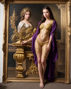 Photorealistic photograph of a young woman with her entire body painted with golden paints creating drawings with intricate details, baroque, realistic, full body, 8k,photorealistic