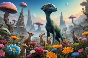 An extraterrestrial planet with curious and strange animals, impossible and extravagant vegetation, flowers of multiple colors, color triad, realistic, more detail ,more detail XL