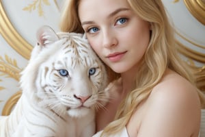 Realistic photograph of a young princess woman sitting on a white marble throne, very blonde almost white hair, very light blue eyes, very light skin, at her side a white tiger and in her lap a white tiger cub, white background wall with white columns and curtains, many white flowers, white, cute face, smirk, abs, long hair, Mesmerizing, depth of field, ( gorgeous:1.2), detailed face,  detailed nose,  soothing tones,  (natural skin texture, hyperrealism, soft light, sharp), ((very detailed eyes)), pores in the skin, (acne:0.3),  Cannon EOS 5D Mark III, 85mm, Perfect Hands, p3rfect boobs, cleavage, more detail XL, SKP Perfect Eyes XL,AlissaWhiteGluzQuiron woman,photorealistic,Masterpiece