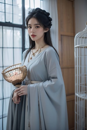 best quality, masterpiece, ultra high res, (photorealistic:1.4), raw photo, ((detail skin)), ((beautiful skin)), realistic, perfect lighting, 
1girl,solo, (HOG_Calligraphy_Tatoo, basket, birdcage, black_hair, cage, curtains, flower, hand_fan, hanfu, indoors, jewelry, lips, long_sleeves, necklace, pearl_necklace, )