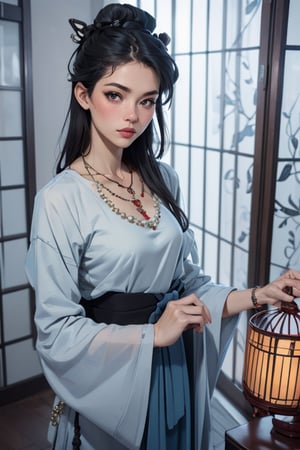 best quality, masterpiece, ultra high res, (photorealistic:1.4), raw photo, ((detail skin)), ((beautiful skin)), realistic, perfect lighting, 
1girl,solo, (HOG_Calligraphy_Tatoo, basket, birdcage, black_hair, cage, curtains, flower, hand_fan, hanfu, indoors, jewelry, lips, long_sleeves, necklace, pearl_necklace, )