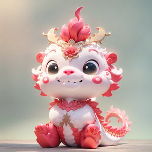 Smiling cute baby [Chinese Dragon], congratulations [Chinese New Year], festive, new popular portrait, full body sitting fashion illustration, bright colors, realistic neon lights, POP Mart production, soft colors, blind box toys, gloss and details, clean background , 0C rendering, 3D rendering, best quality, 8K, ultra-detailed 