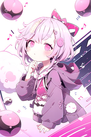 Childish musical note background, 1 little girl, (pink fluffy hoodie jacket: 1.3), Christmas, dynamic angle, lowered eyes, Kiki (Genshin Impact), pastelbg