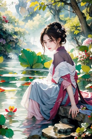 a girl sitting on a rock in the water, fantasy art, beautiful pink little alien girl, soft light misty yoshitaka amano, very sad emotion, reflecting flower, her hands are red roots, magali villeneuve and monet, detailed art in color, little girl, sitting at a pond, timid,1 girl, masterpiece,best quality, stalkings