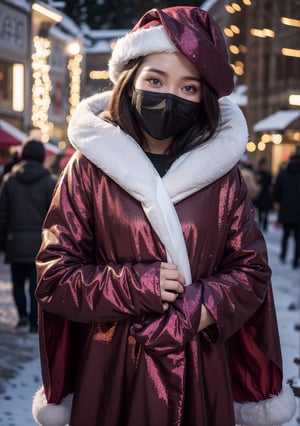 18 years old girl, wearing black_mask,  Winter Wonderland Wrap, Holiday Sparkle Ensemble, Santa's Chic Cloak