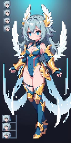 masterpiece,best_quality,(Seraph),,cleavage cutout,1girl,(long_hair),paladin,loli,white valkyrie,light-blue long hair,bare shoulder,leotard scale-armor,game character design reference ui,energy blade