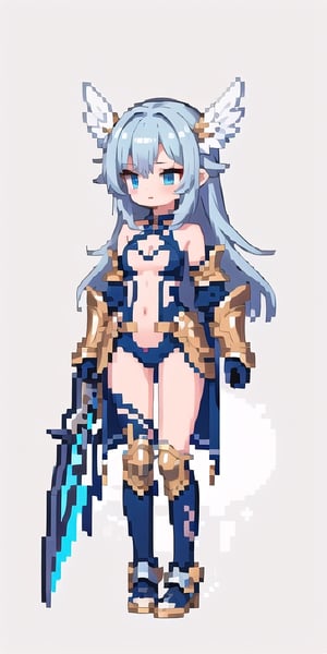 masterpiece,best_quality,,cleavage cutout,1girl,(long_hair),paladin,loli,white valkyrie,light-blue long hair,bare shoulder,highleg scale-armor,game character design reference ui,energy blade