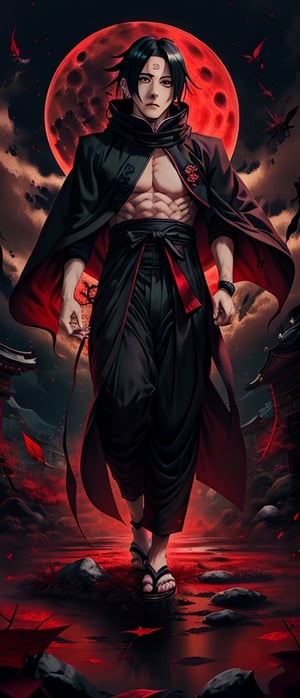 Itachi uchiha, look at the camera, Akatsuki, Mangekyo Sharingan, Akatsuki Cloak, black and red background, warm moon, midnight, leaf village headband, anime, japanese boy, japanese anime, 