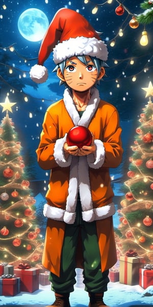 Photo of Christmas celebration, perfect shading, perfect shadow, realistic, epic, 28yo old man, Christmas, Naruto uzumaki, Naruto Uzumaki 5.6 feet height, Naruto Uzumaki 16yo old man blue eyes and realistic ordinary man, Naruto uzumaki is a fictional character and one of the main protagonists in the Naruto manga and anime series created by Masashi Kishimoto, Christmas hat, Christmas tree, mountain view, snow, 32k ultra realistic, enhanced, perfect lighting, wallpaper, more detail,