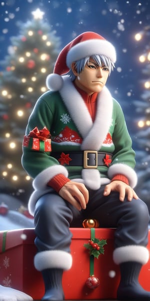 Photo of Christmas celebration, perfect shading, perfect shadow, realistic, epic, 28yo old man, Christmas, kakashi hatake, kakashi hatake 6 feet height, kakashi hatake 28yo old man and realistic ordinary man, Kakashi Hatake is a fictional character and one of the main protagonists in the Naruto manga and anime series created by Masashi Kishimoto, Christmas hat, Christmas tree, mountain view, snow, 32k ultra realistic, enhanced, perfect lighting, wallpaper, more detail,