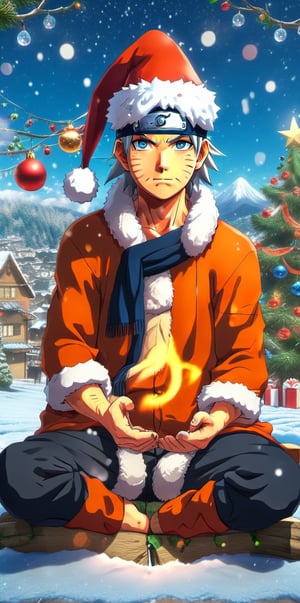 Photo of Christmas celebration, perfect shading, perfect shadow, realistic, epic, 18yo old man, Christmas, Naruto uzumaki, Naruto Uzumaki 5.6 feet height, Naruto Uzumaki 18yo old man blue eyes and realistic ordinary man, happy, smile, Naruto uzumaki is a fictional character and one of the main protagonists in the Naruto manga and anime series created by Masashi Kishimoto, Christmas hat, Christmas tree, mountain view, snow, 32k ultra realistic, enhanced, perfect lighting, wallpaper, more detail,