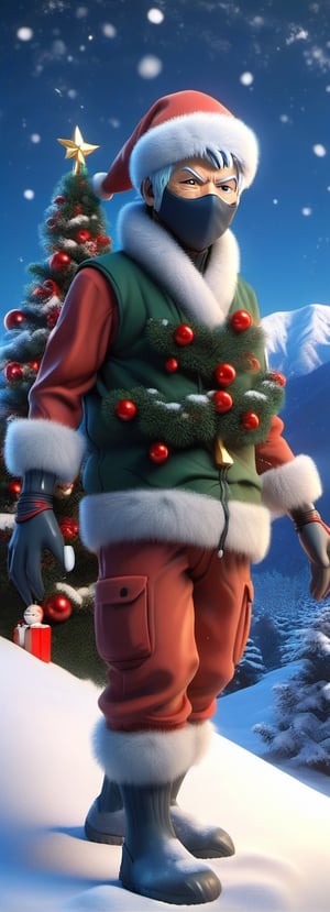 Photo of Christmas celebration, perfect shading, perfect shadow, realistic, epic, 65yo old man, Christmas, kakashi hatake, kakashi hatake 6 feet height, Christmas hat, Christmas tree, mountain view, snow, 32k ultra realistic, enhanced, perfect lighting, wallpaper, more detail,ral-chrcrts