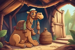- Show a lonely camel (fantasy and doll) that looks distressed. He is looking for a tool inside a forest hut. He has a very sad face. it is day Long shot. Cartoon
,KidsRedmAF