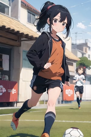  1girl,cute,(anime:1.3), black_hair,jogging, ,(soccer:1.5),
